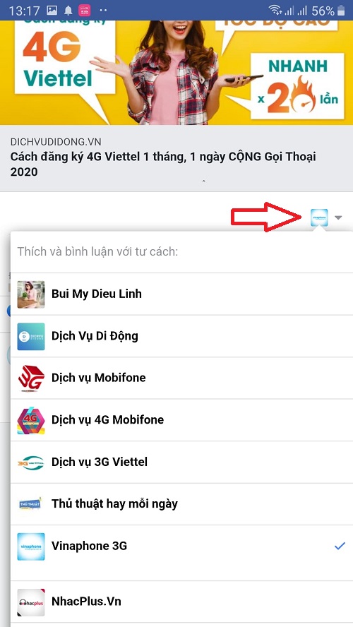 Binh luan voi tu cach page tren dien thoai