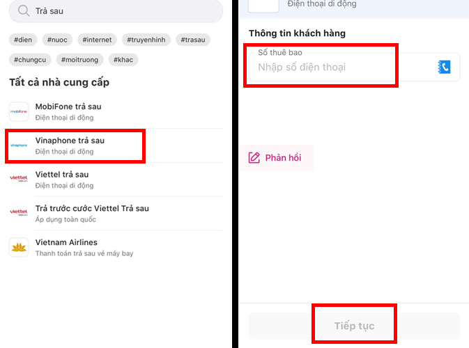 Nap tien tra sau VinaPhone qua Momo