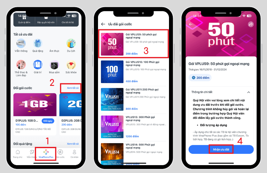 Cach doi diem VinaPhone Plus lay phut goi