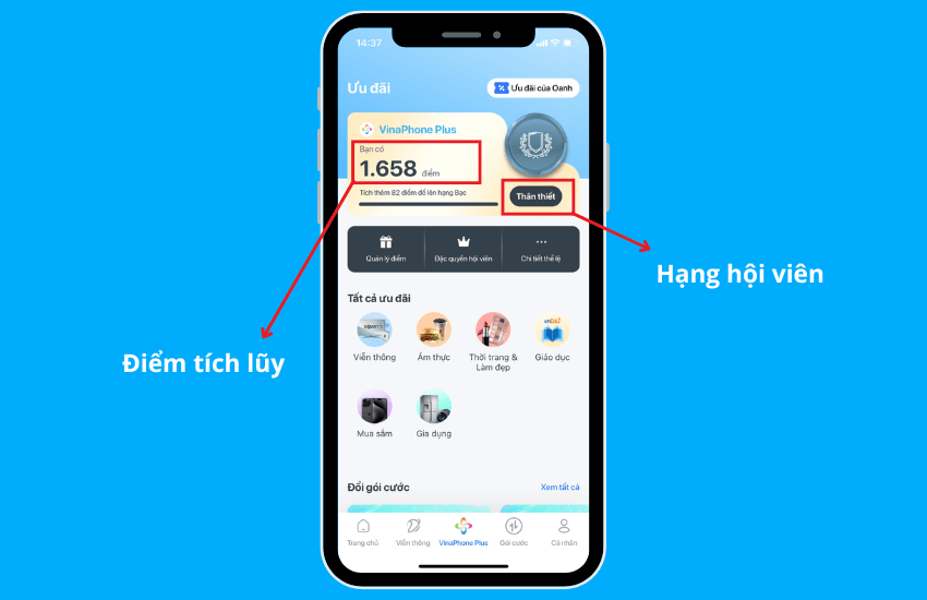 Xem diem tich luy VinaPhone Plus tren app